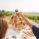 Happy adult friends having fun drinking red wine and eating together with vineyard in background - Multiracial people doing appetizer at summer time in countryside resort - Main focus on hands