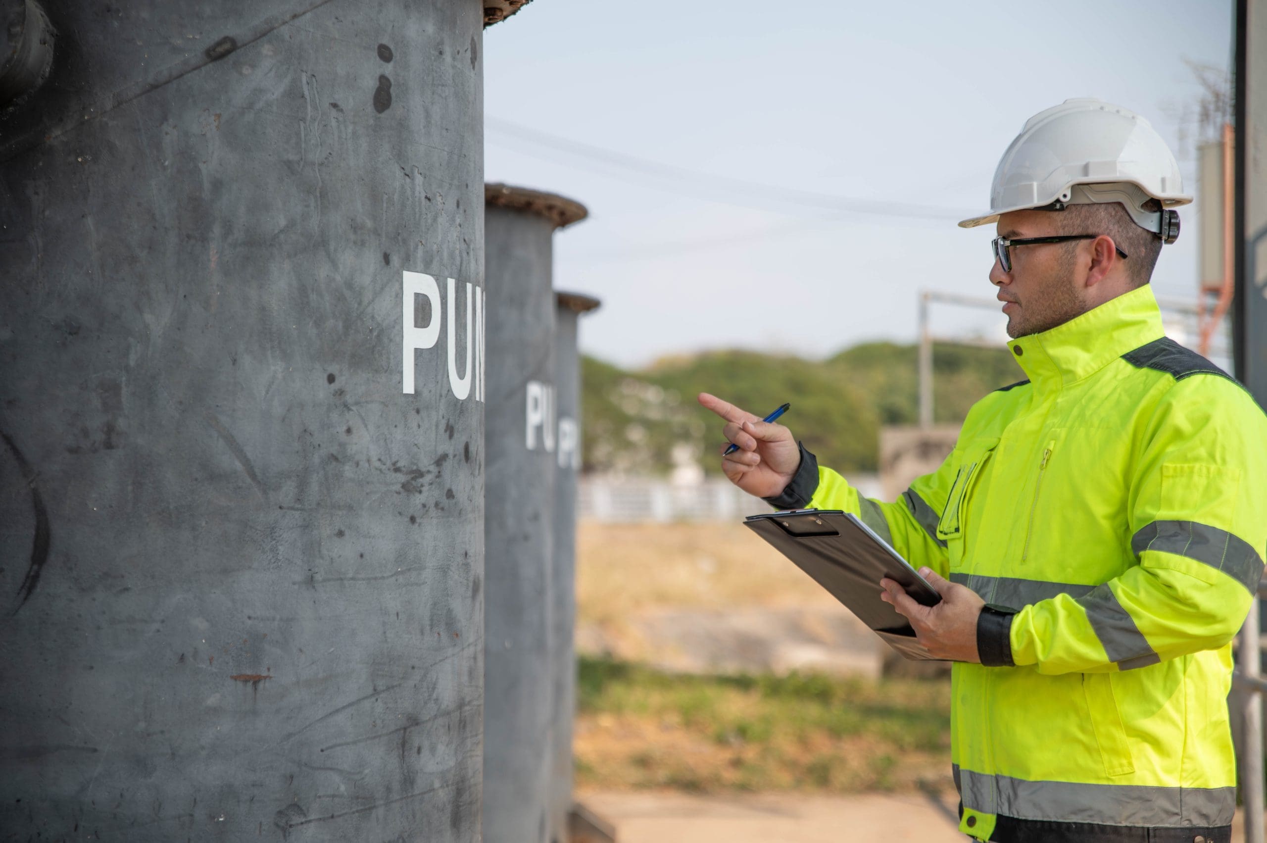 A specialist engineer is inspecting a high-pressure water pump in a wastewater treatment plant for leaks.