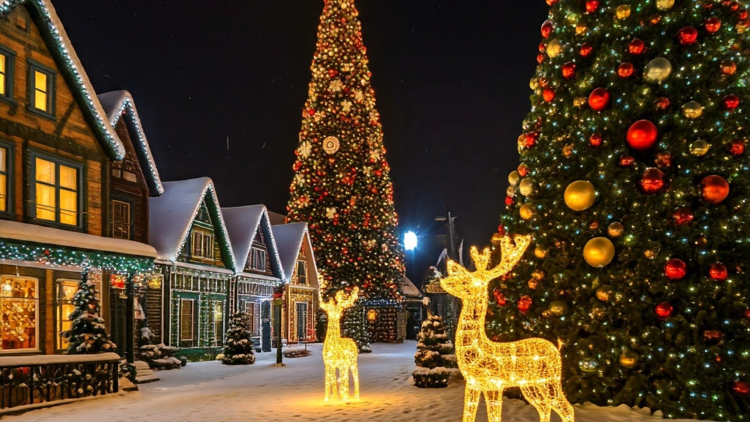 A snowy village street at night lined with festively lit buildings, a tall decorated Christmas tree, illuminated reindeer sculptures, and a smaller ornament-covered tree.