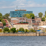 cityscape panorama of Alton in Illinois on a shore of the Mississippi River, a view from the Missouri shore