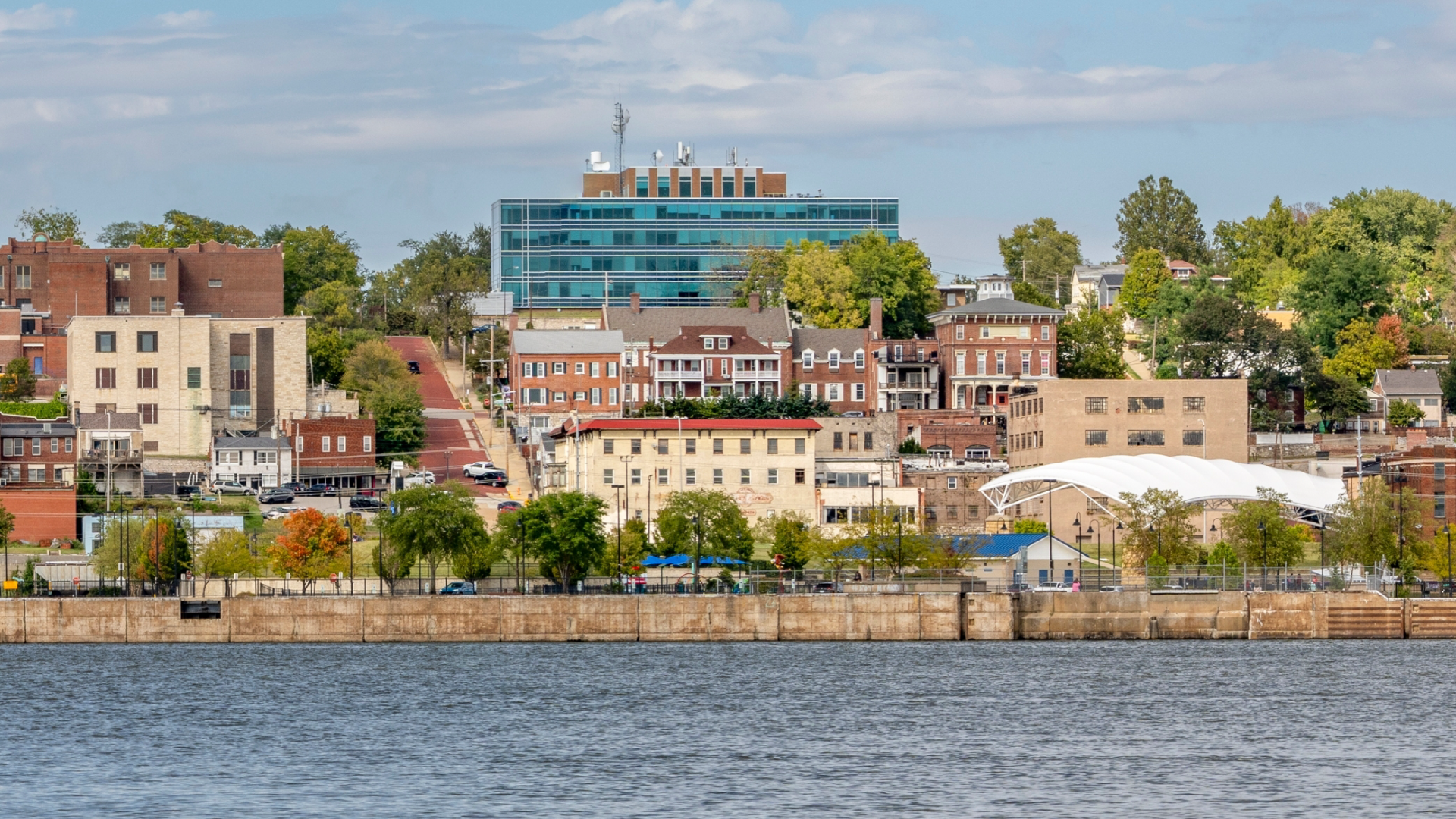 cityscape panorama of Alton in Illinois on a shore of the Mississippi River, a view from the Missouri shore