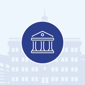 City of Fairview Heights evergreen image with building with pillars icon in a blue circle, faded fairview heights skyline on blue background, representing government